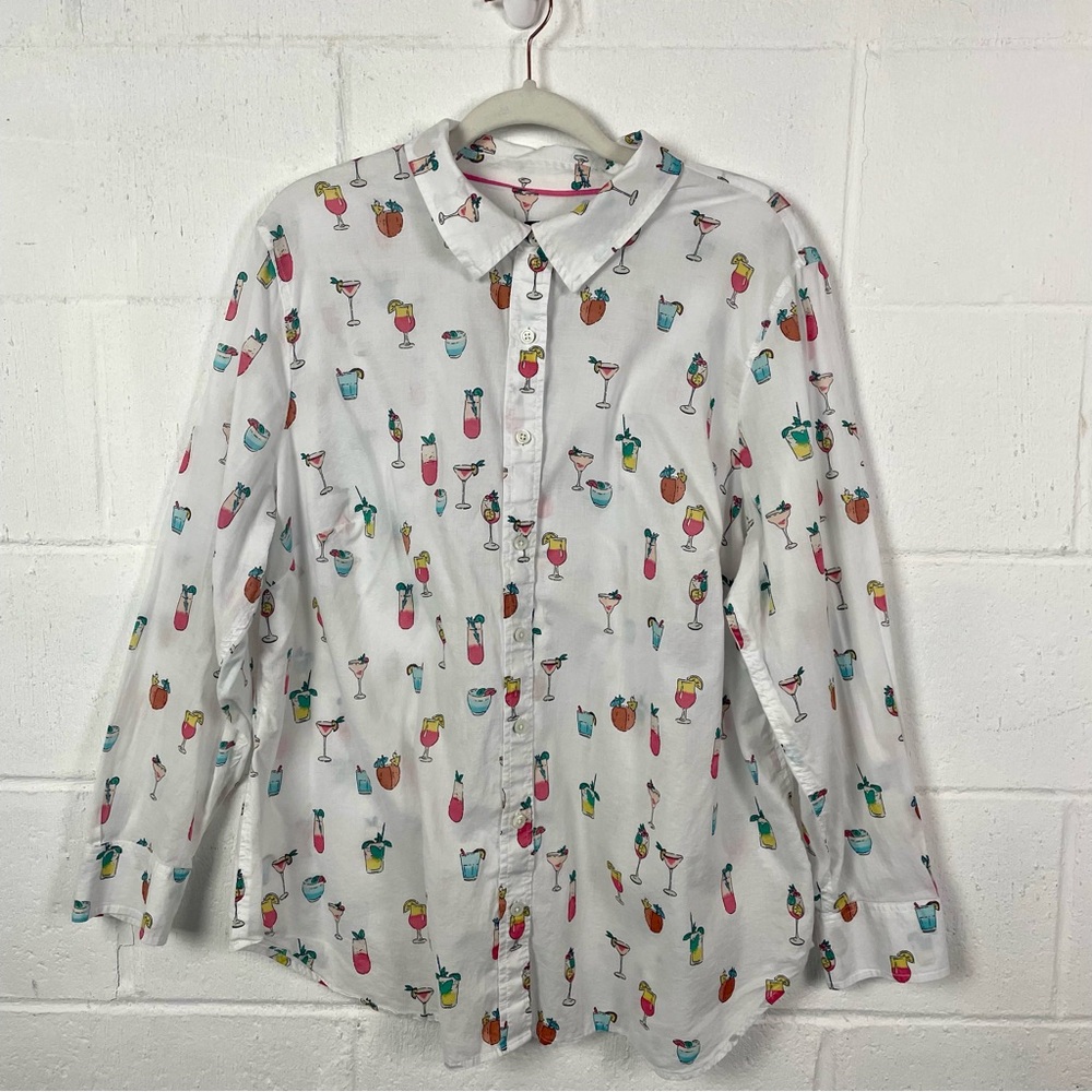 Talbots Button Up Blouse Lightweight 100% Cotton Tropical Drink Print Resort 2X